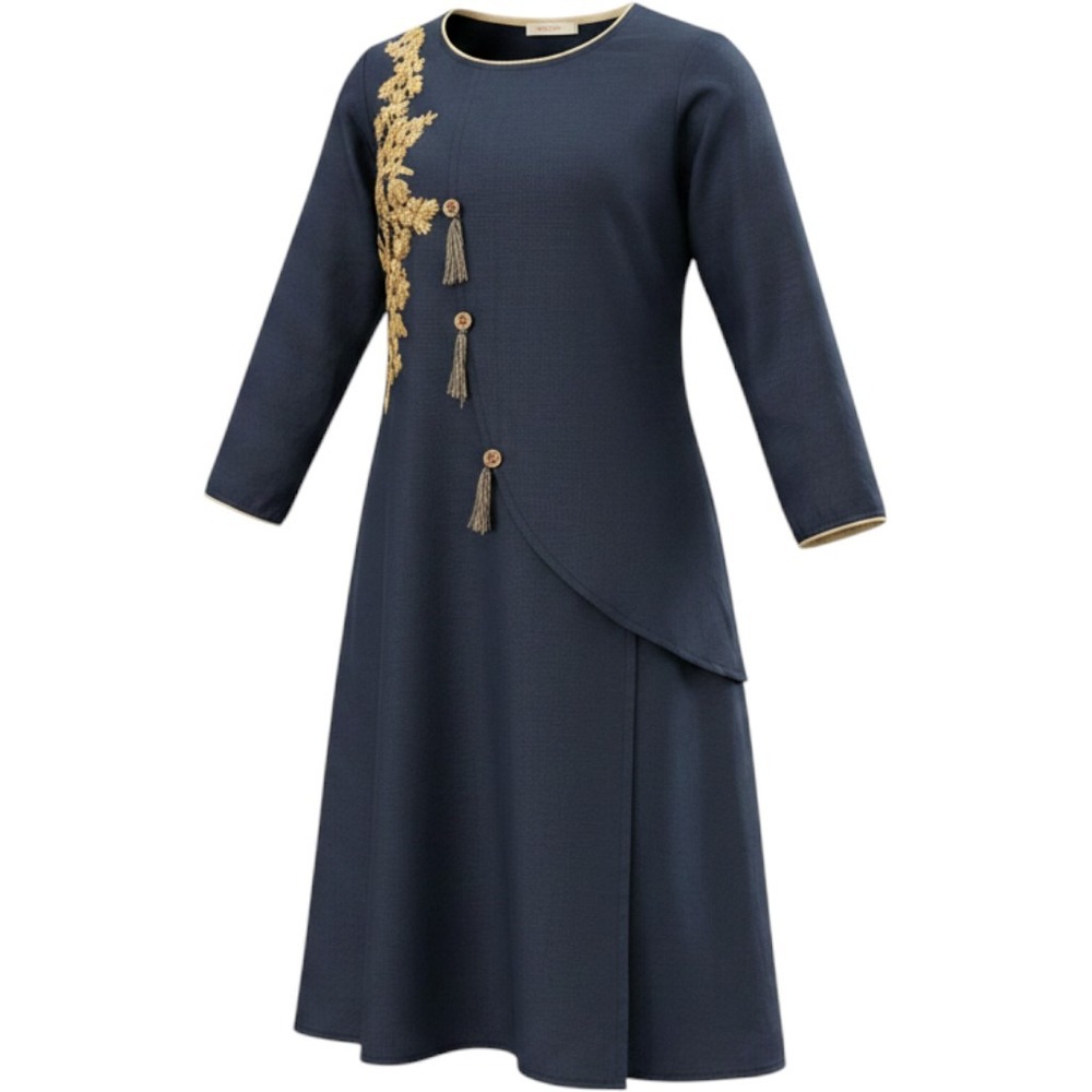 Twister Navy Blue Kurta Tunic Gold Floral Embroidery Tassels Size 38 Medium